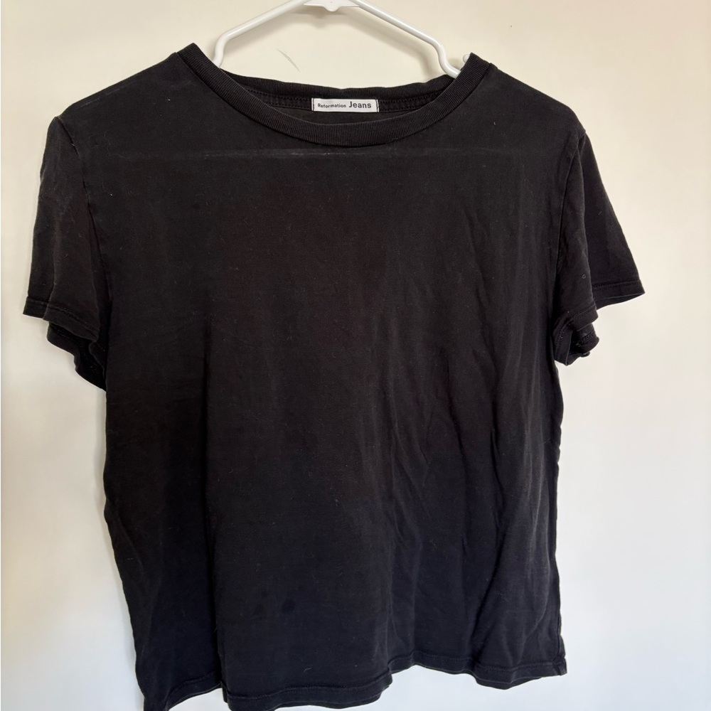 Reformation Jeans Black Organic Cotton Crew Neck Boxy Tee - Size Medium